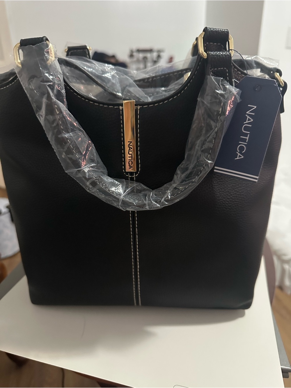 Nautica Black Pebble-Textured Tote with Gold Accents